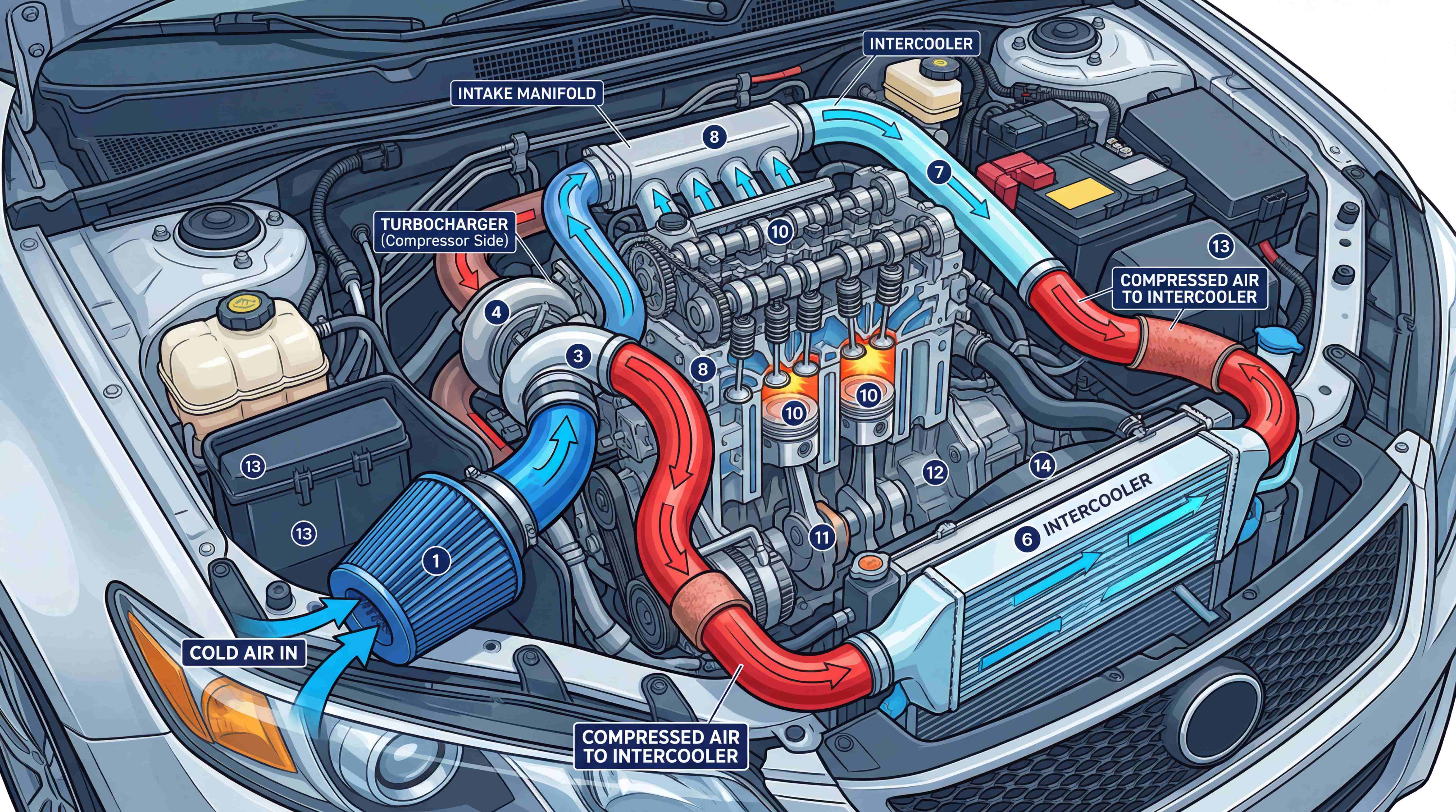 Turbocharged engine airflow diagram showing cold air intake, turbocharger, intercooler piping and compressed air path
